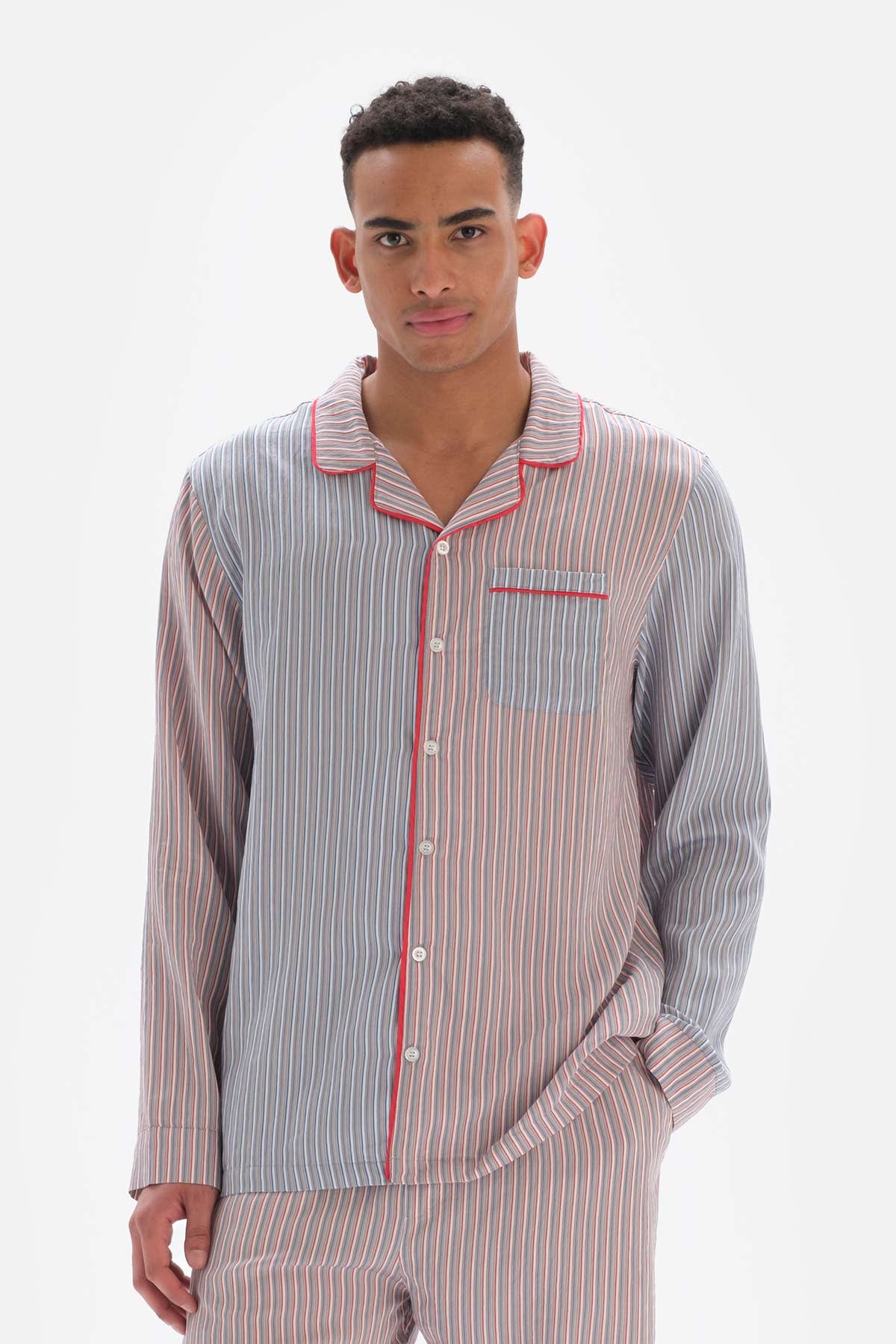 Kırmızı Patchwork Çizgili Gömlek Yaka Viskon Pijama Üstü