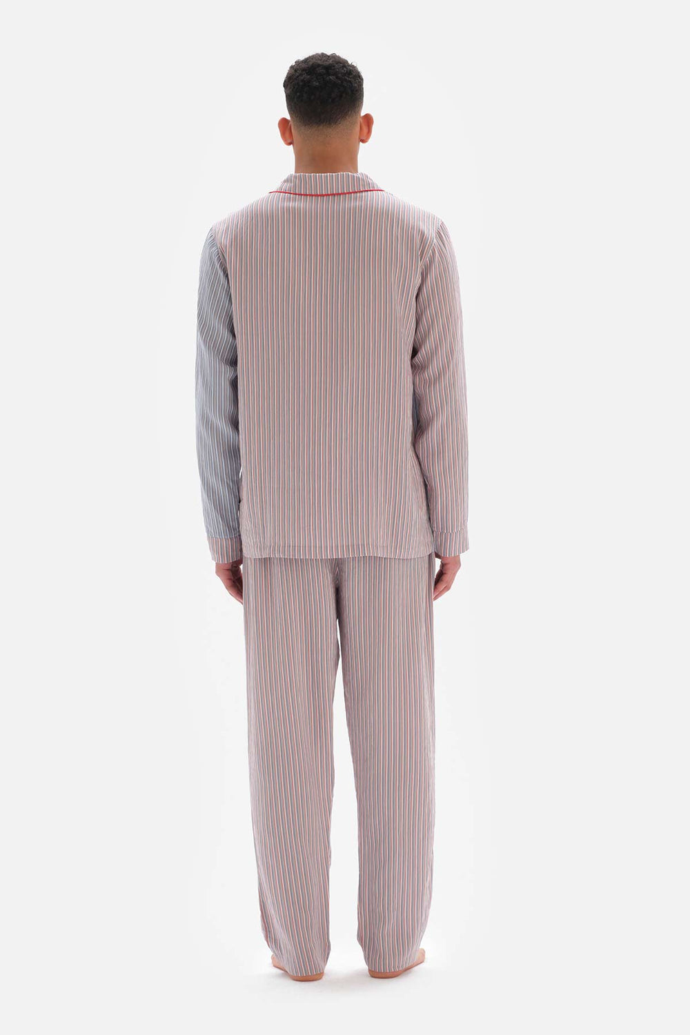 Kırmızı Patchwork Çizgili Gömlek Yaka Viskon Pijama Üstü