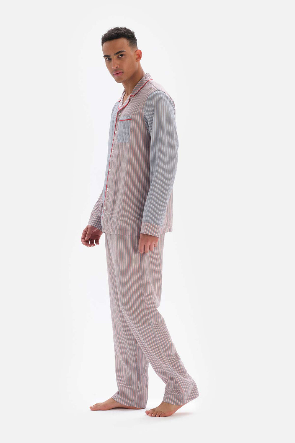 Kırmızı Patchwork Çizgili Gömlek Yaka Viskon Pijama Üstü