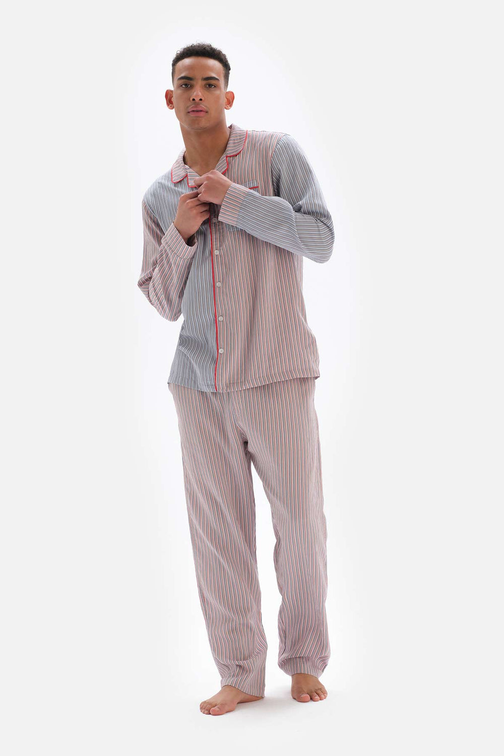 Kırmızı Patchwork Çizgili Gömlek Yaka Viskon Pijama Üstü
