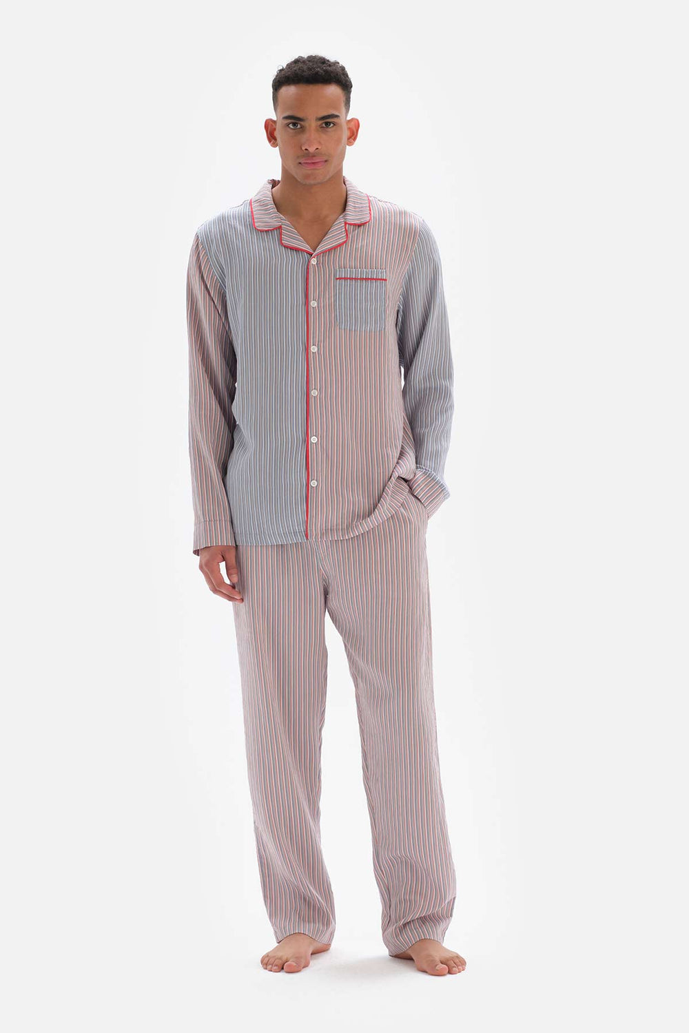 Kırmızı Patchwork Çizgili Gömlek Yaka Viskon Pijama Üstü