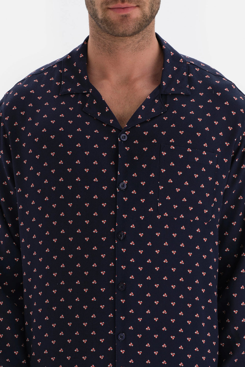 Lacivert Metraj Baskılı Gömlek Yaka Viskon Pijama Üstü