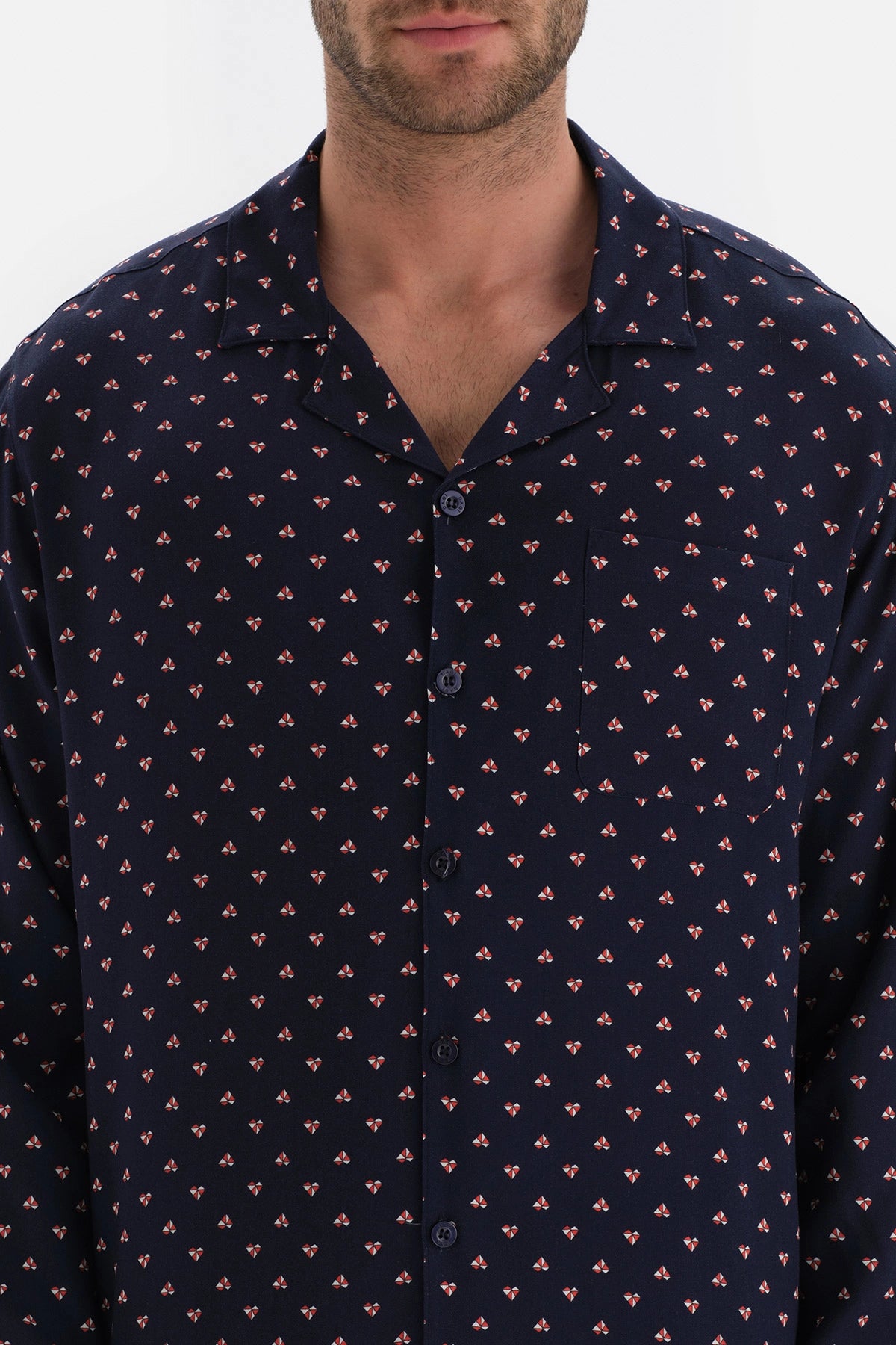 Lacivert Metraj Baskılı Gömlek Yaka Viskon Pijama Üstü