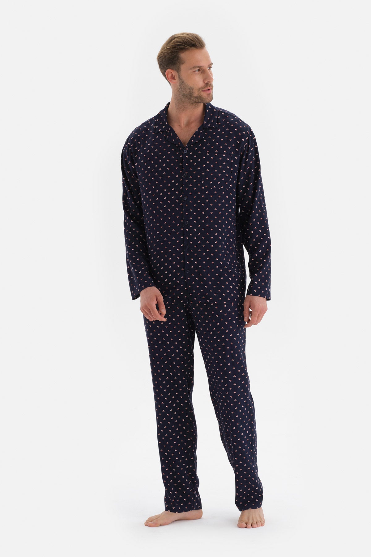 Lacivert Metraj Baskılı Gömlek Yaka Viskon Pijama Üstü