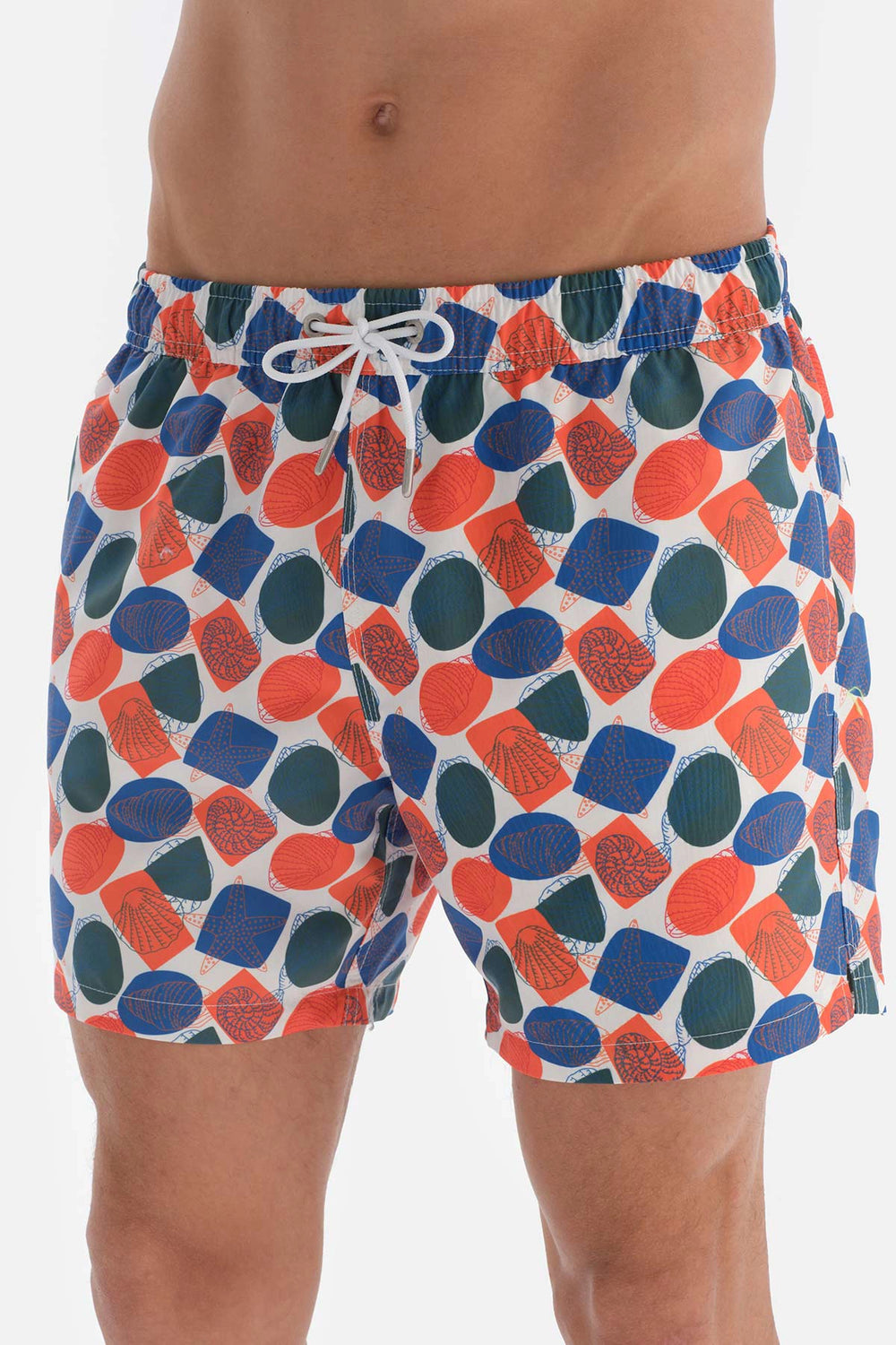Beyaz - Turuncu Deniz Yıldızı Desenli Kısa Deniz Şortu