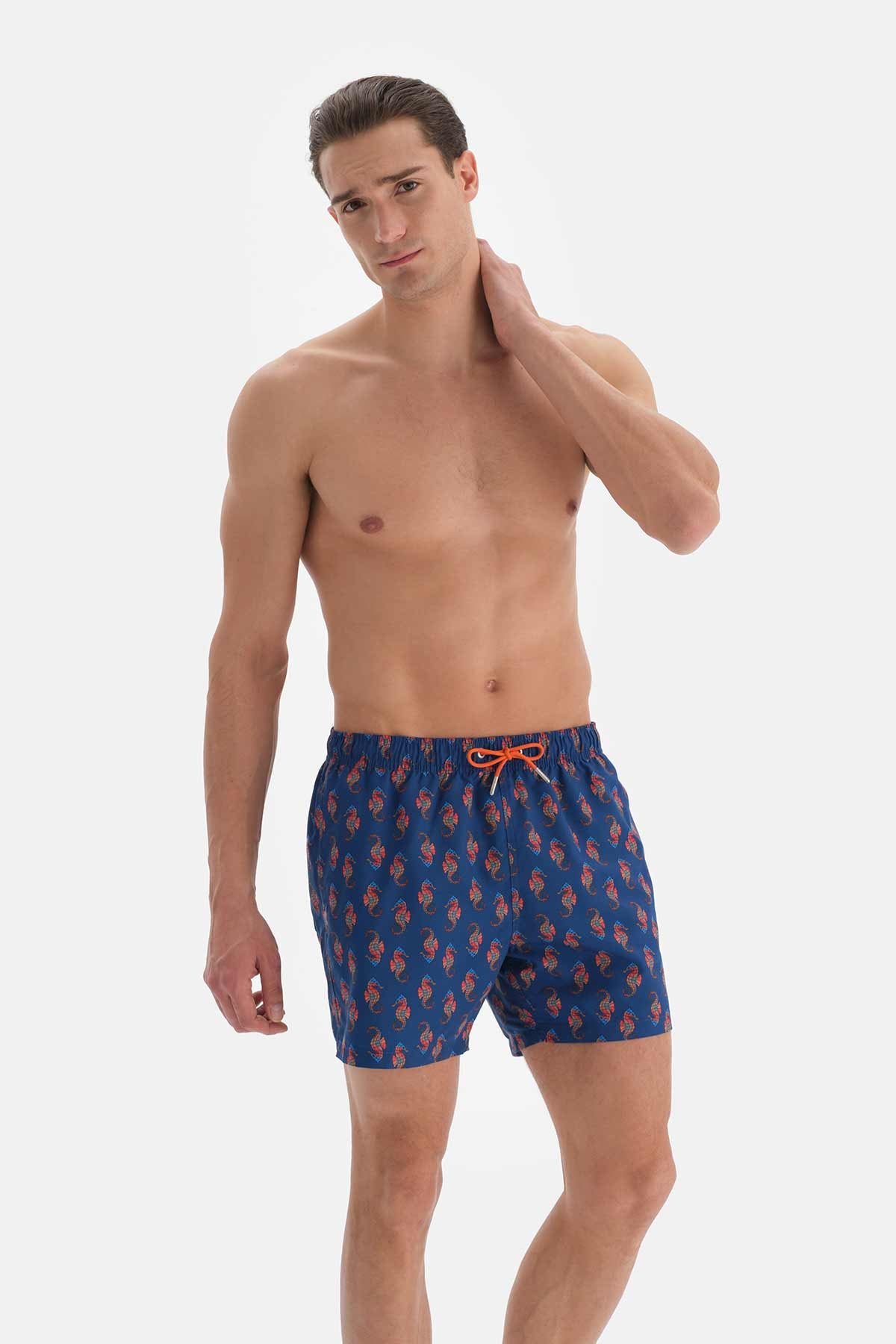 Lacivert Deniz Atı Desenli Kısa Deniz Şortu