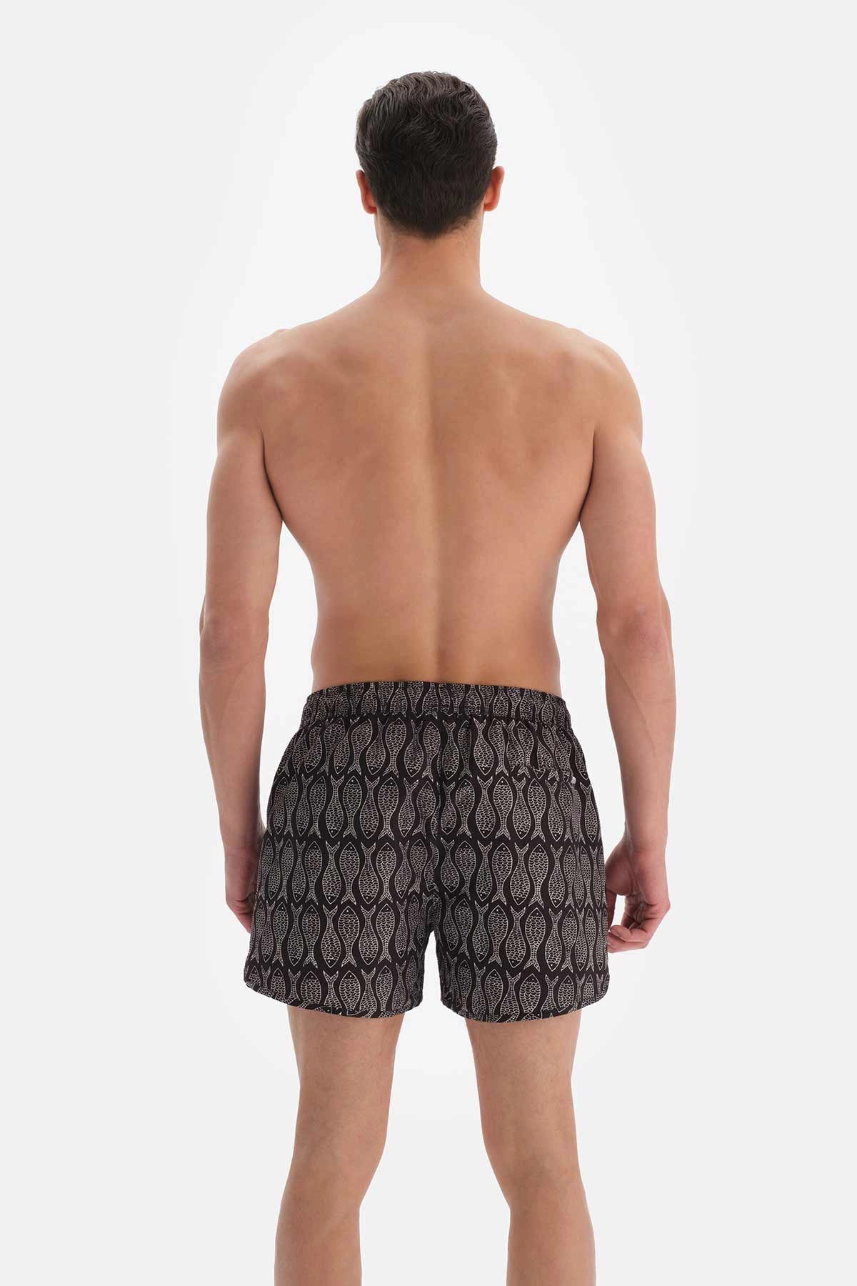 Siyah Balık Desenli Mini Boy Deniz Şortu