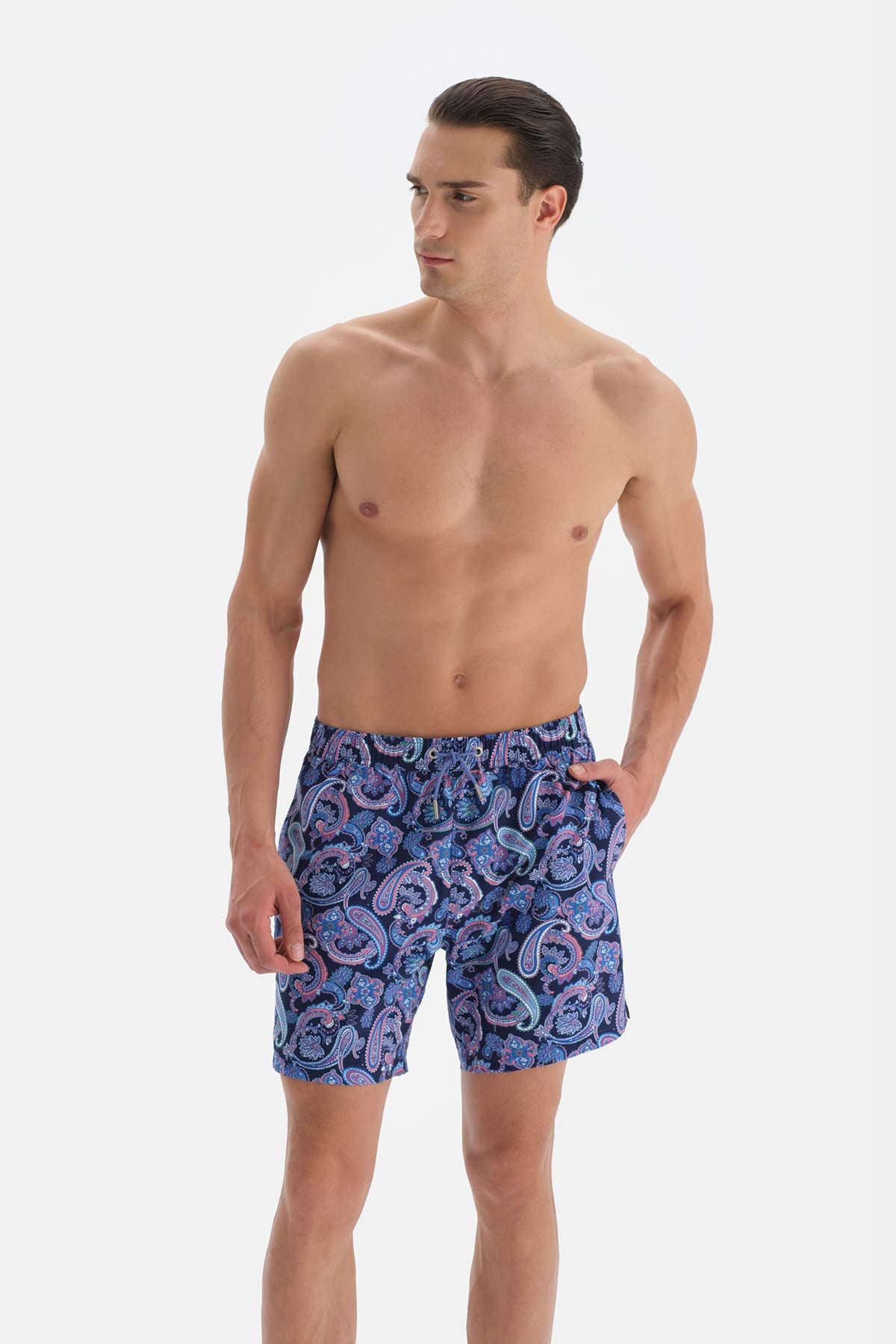 Mavi Şal Desenli Orta Deniz Şortu