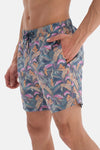 Füme - Fuşya Yaprak Desenli Orta Deniz Şortu