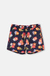 Lacivert - Pembe Çiçek Desenli Kısa Deniz Şortu