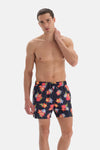 Lacivert - Pembe Çiçek Desenli Kısa Deniz Şortu
