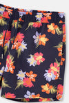 Lacivert - Pembe Çiçek Desenli Kısa Deniz Şortu