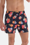 Lacivert - Pembe Çiçek Desenli Kısa Deniz Şortu