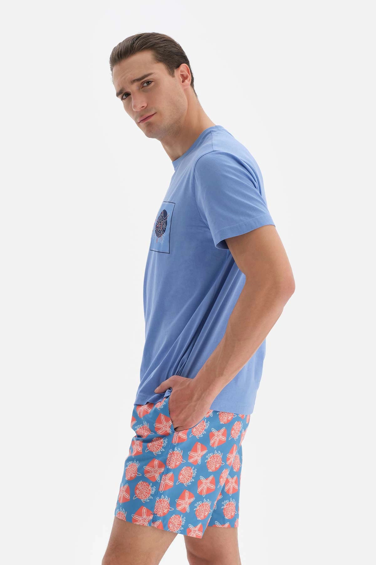 Mavi Baskılı Bisiklet Yaka Pamuklu T-Shirt