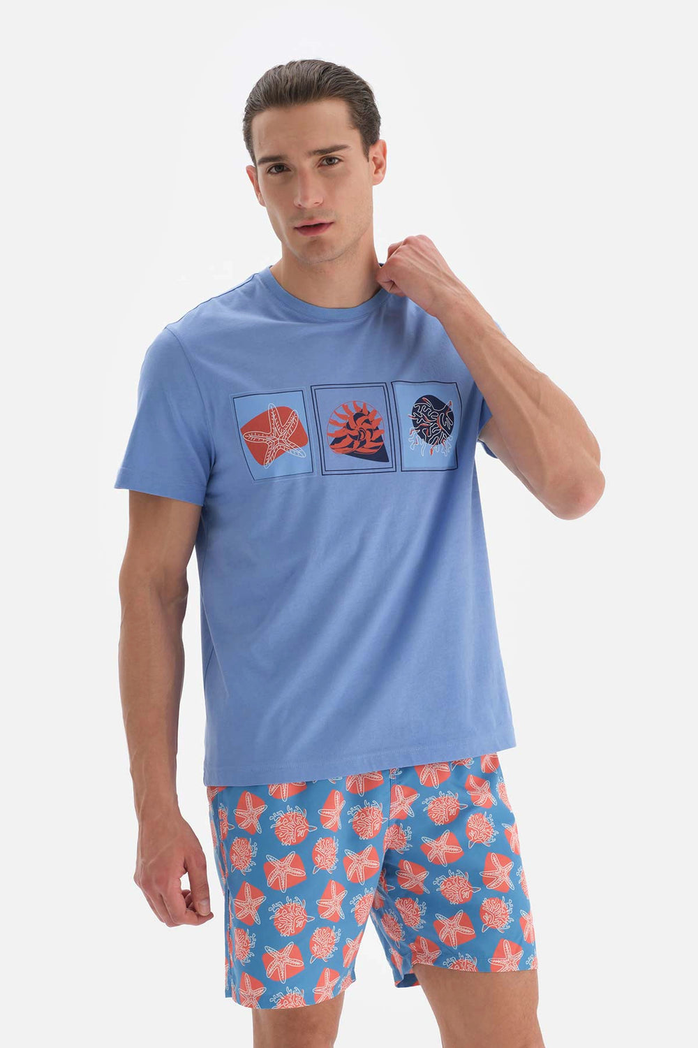 Mavi Baskılı Bisiklet Yaka Pamuklu T-Shirt