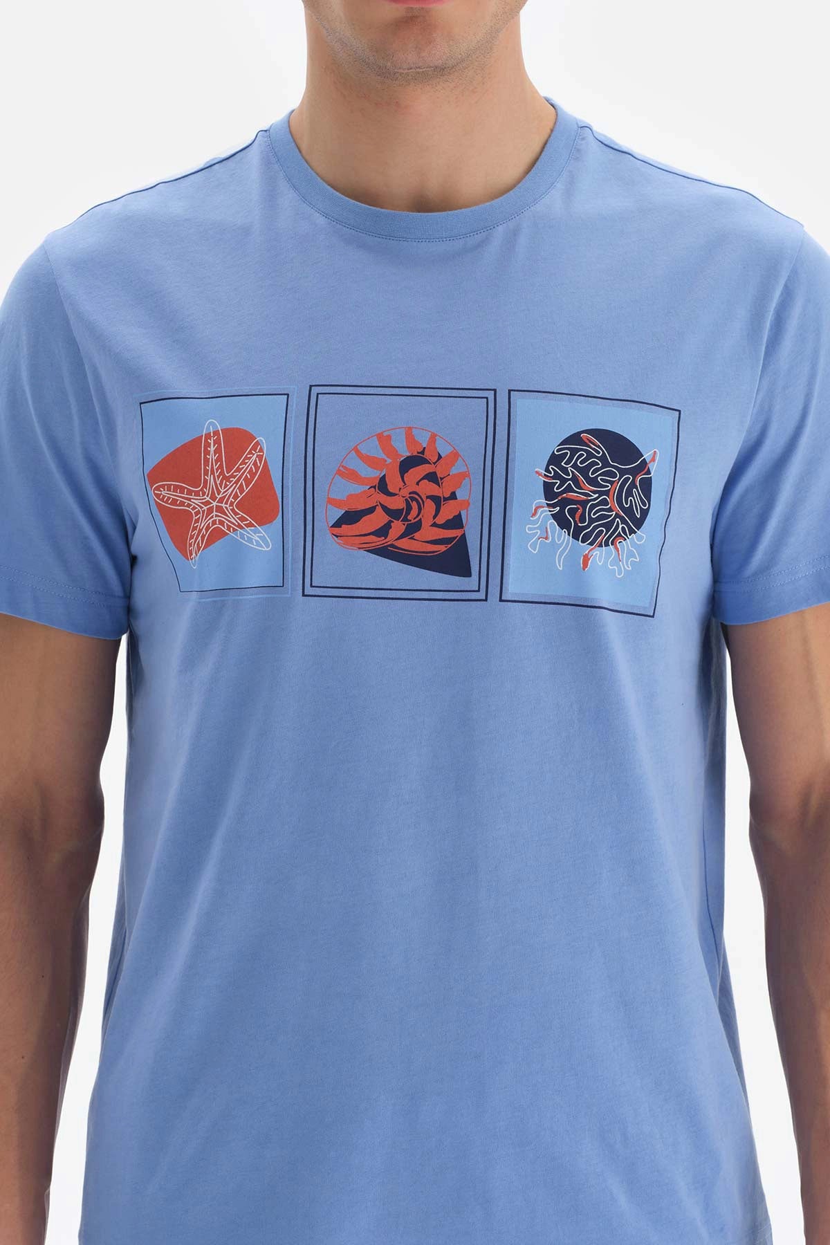 Mavi Baskılı Bisiklet Yaka Pamuklu T-Shirt