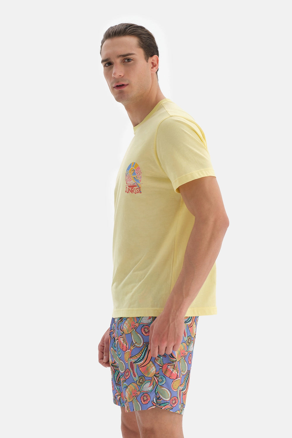 Açık Sarı Baskılı Bisiklet Yaka T-Shirt