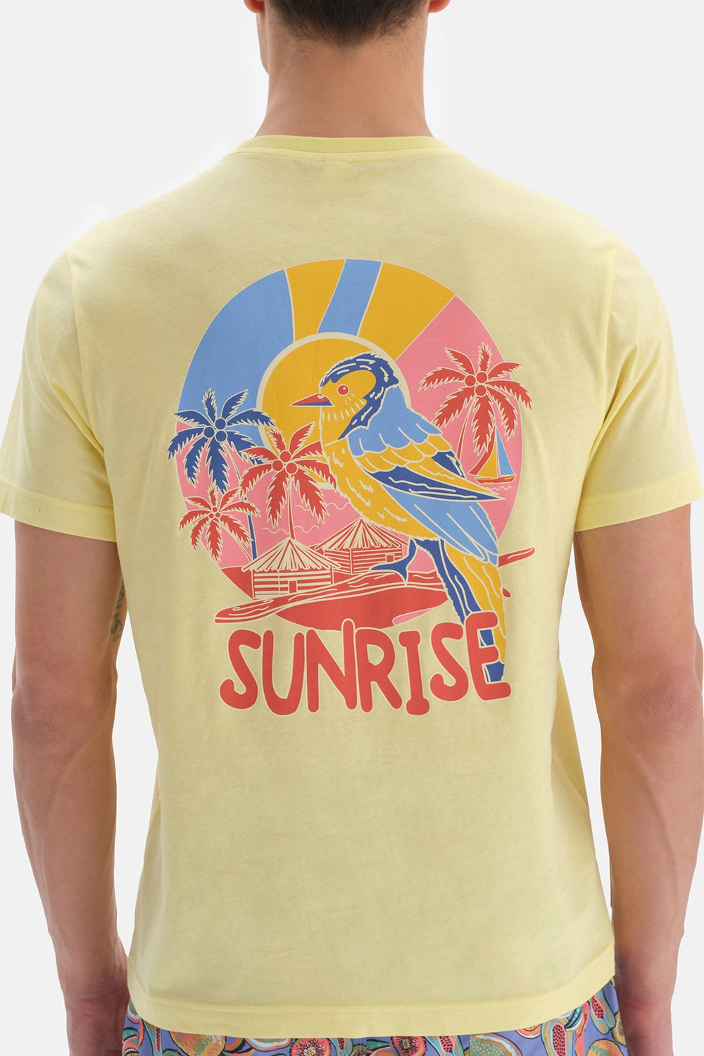 Açık Sarı Baskılı Bisiklet Yaka T-Shirt