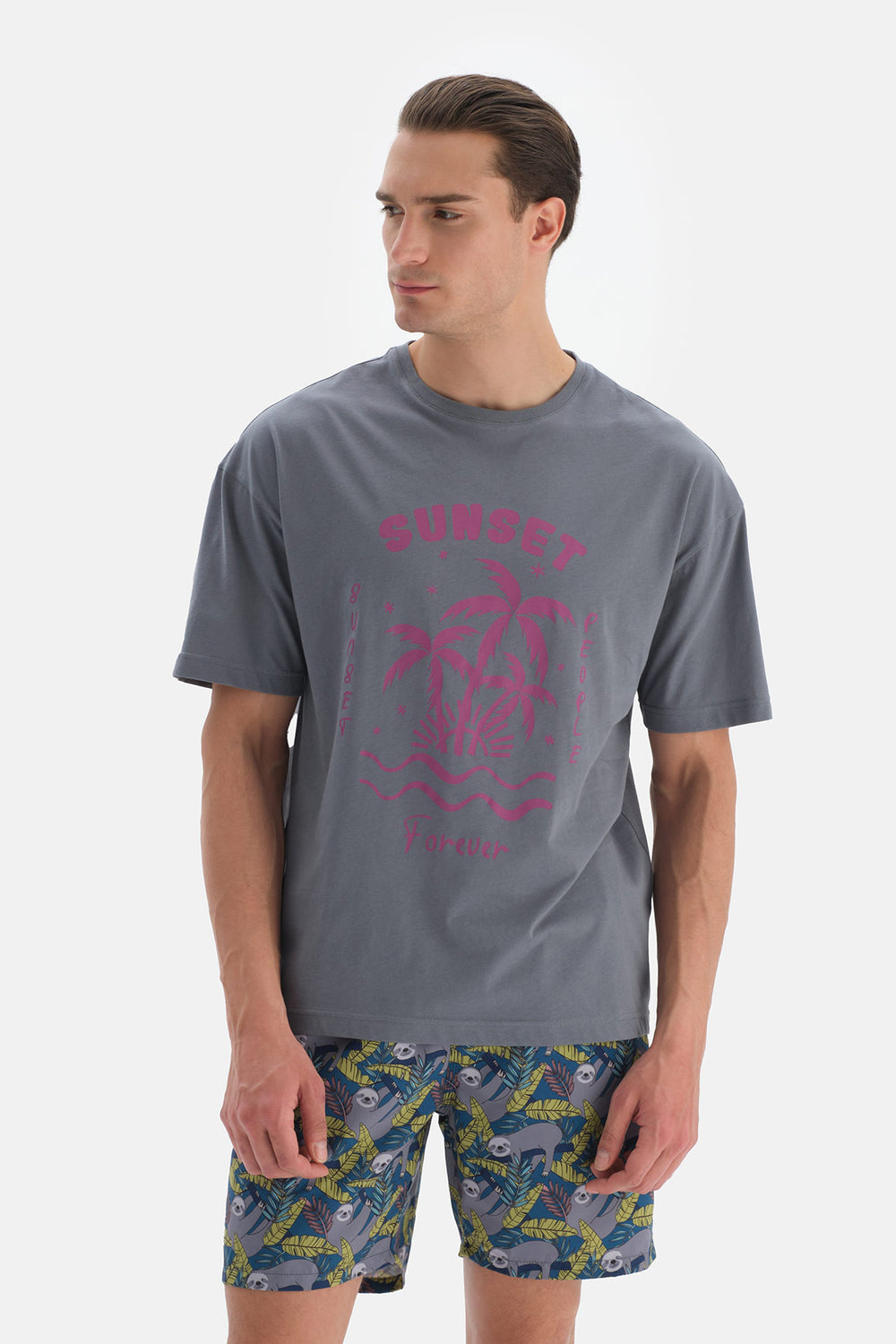 Antrasit Baskılı Bisiklet Yaka T-Shirt