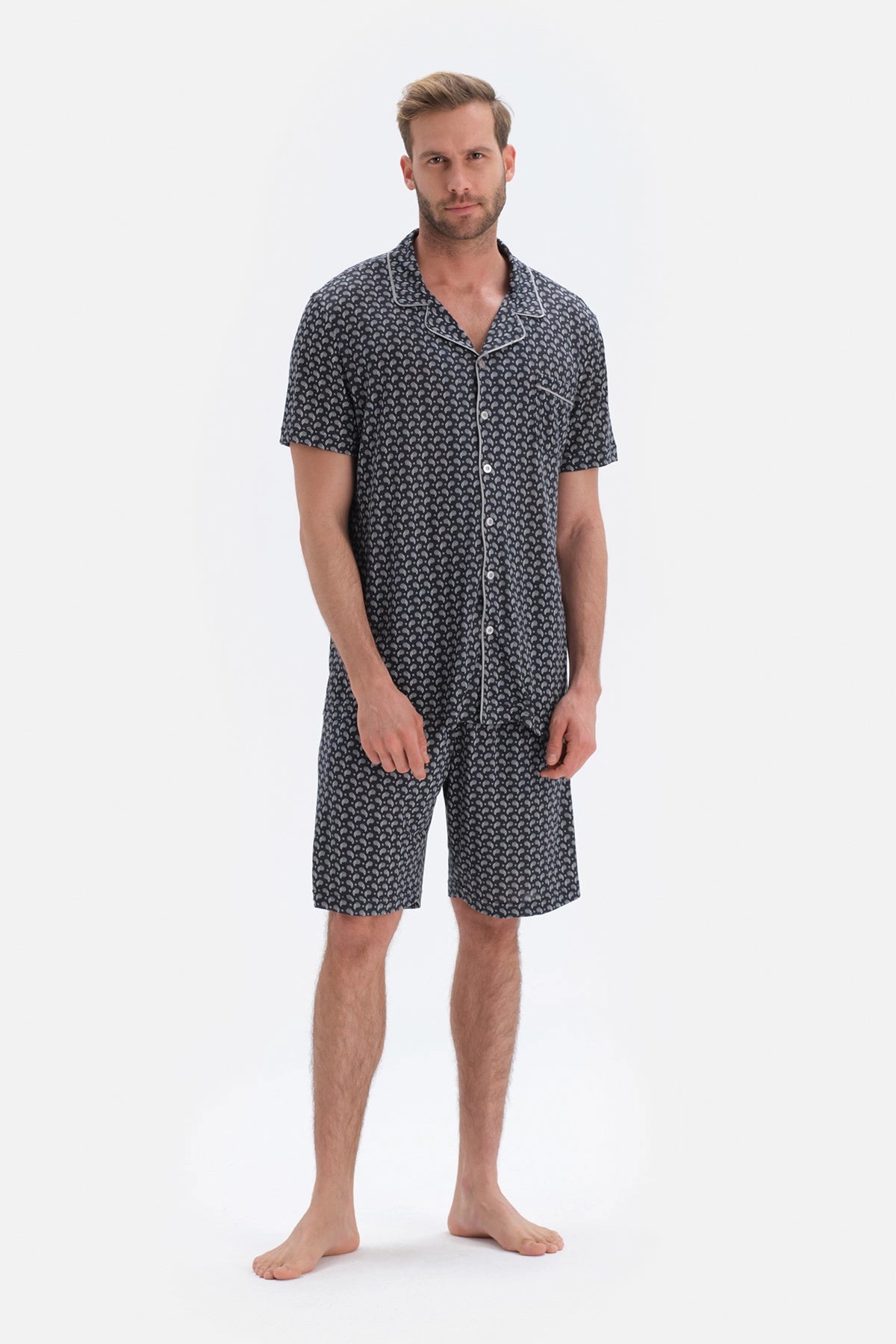 Siyah Şal Desenli Modal Damat Şortlu Pijama Takımı