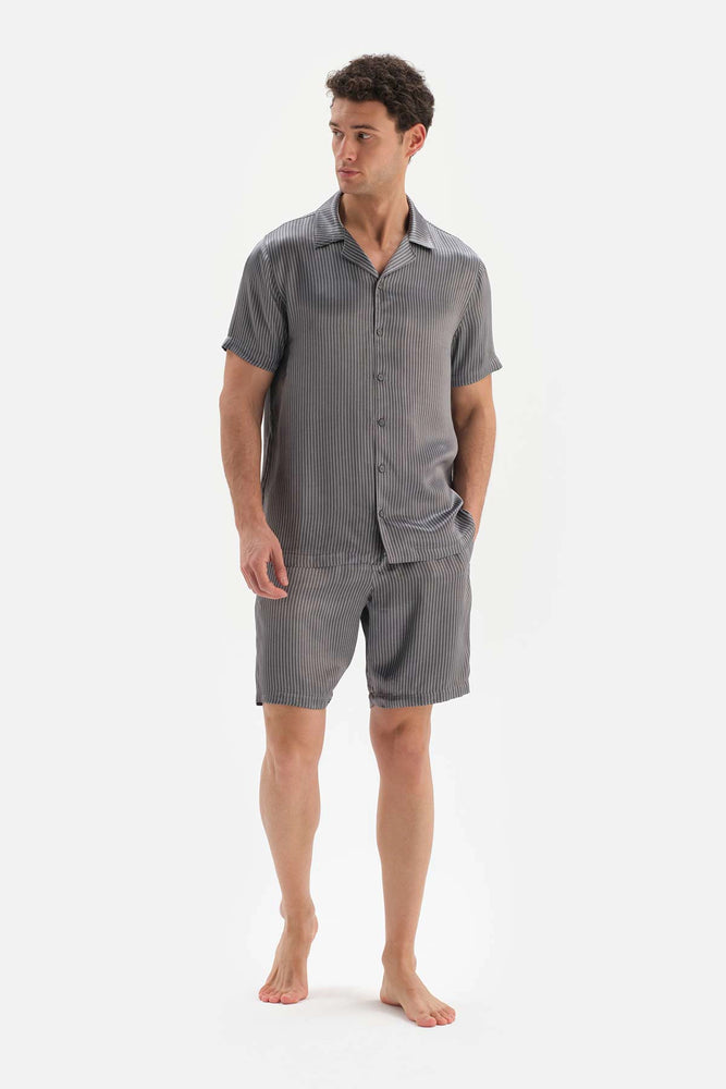 Gri Kısa Kol Jakarlı Saten Damat Pijama Takımı