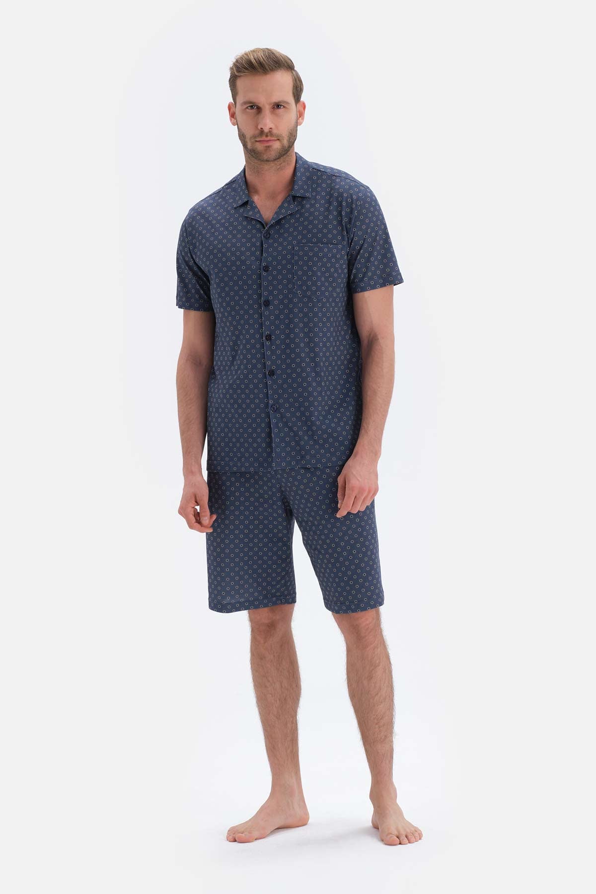 Lacivert Metraj Baskılı Gömlek Yaka Şort Örme Pijama Takımı