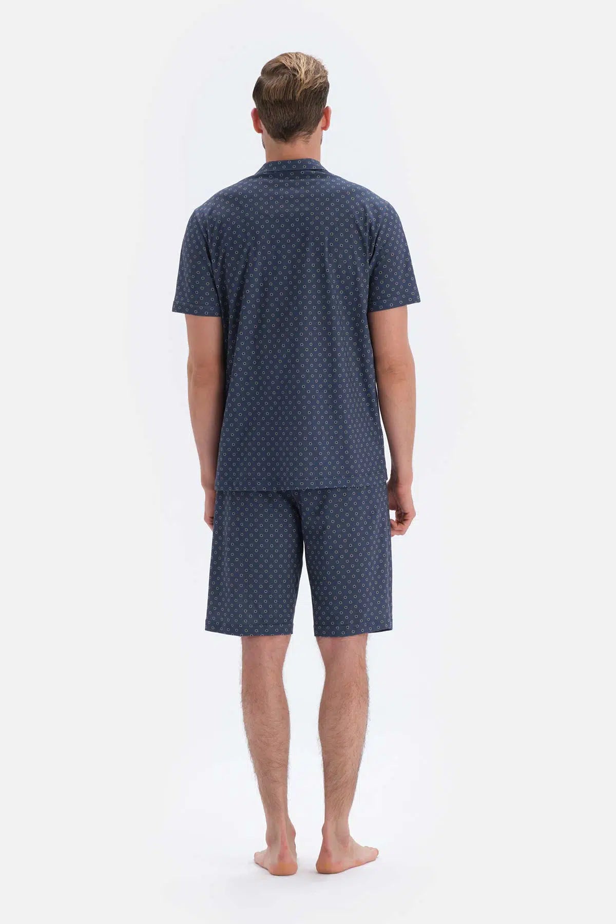 Lacivert Metraj Baskılı Gömlek Yaka Şort Örme Pijama Takımı