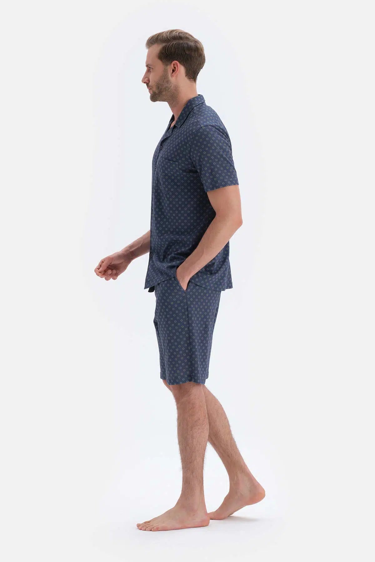 Lacivert Metraj Baskılı Gömlek Yaka Şort Örme Pijama Takımı