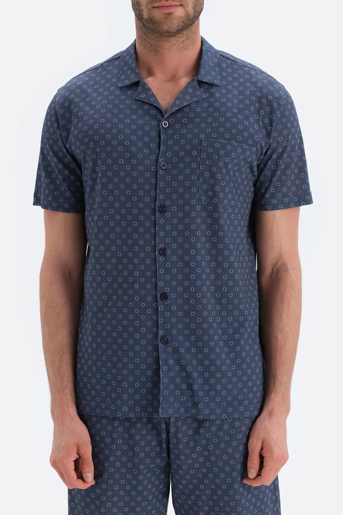 Lacivert Metraj Baskılı Gömlek Yaka Şort Örme Pijama Takımı