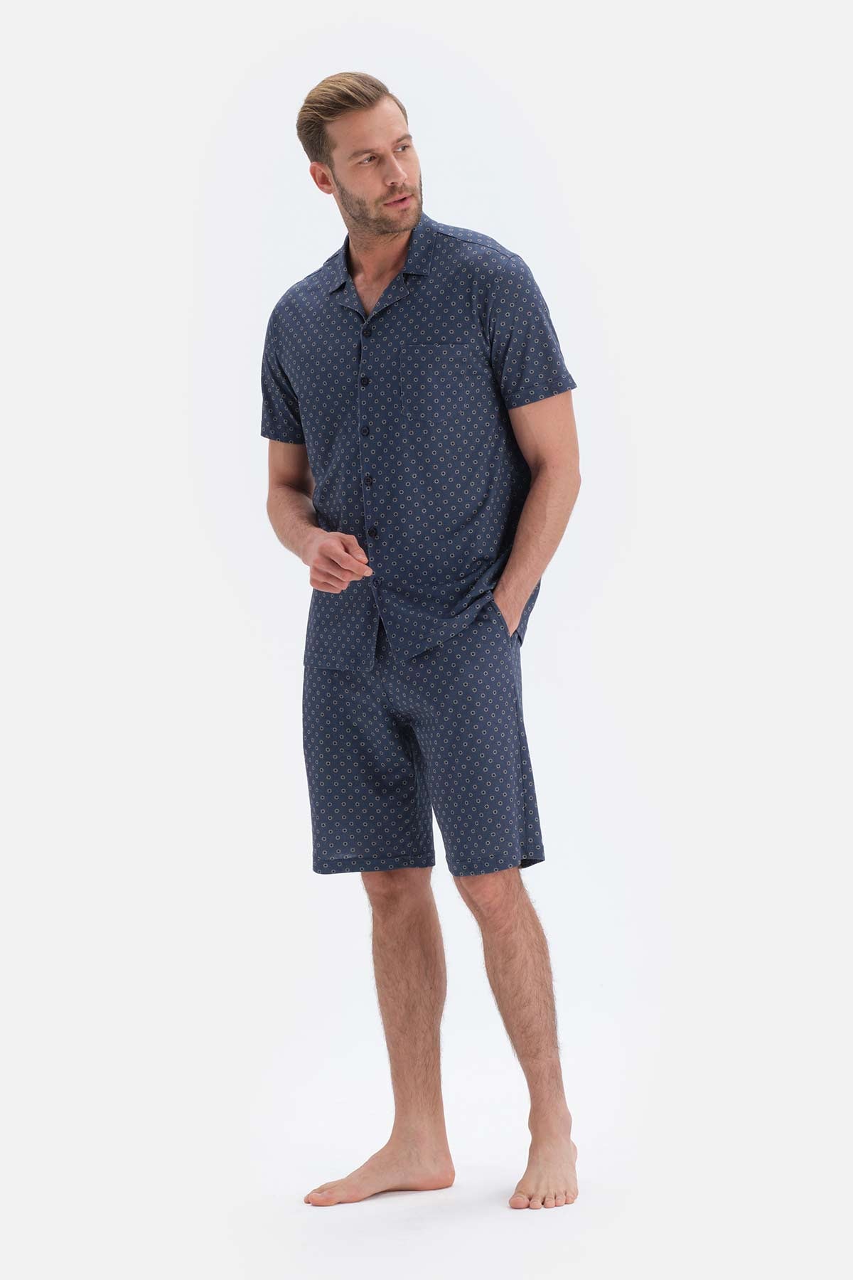 Lacivert Metraj Baskılı Gömlek Yaka Şort Örme Pijama Takımı