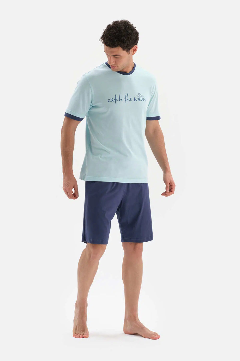 Açıkmavi Bis Yaka Slogan Baskılı Örme Pijama Takımı