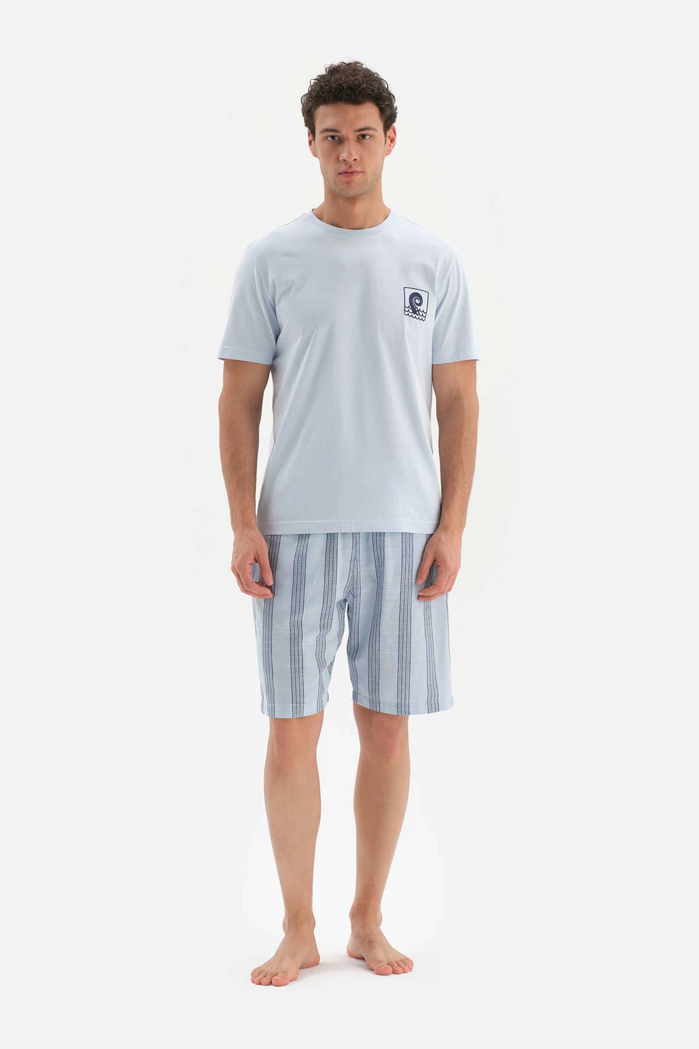 Açıkmavi Bis Yaka Baskı Detaylı Örme Pijama Takımı