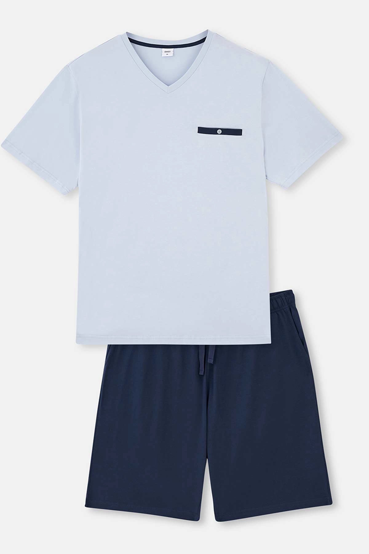 Açıkmavi V Yaka Kısa Kollu Örme Şortlu Pijama Takımı