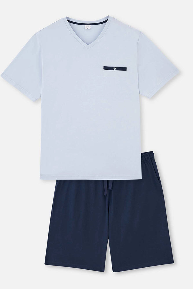 Açıkmavi V Yaka Kısa Kollu Örme Şortlu Pijama Takımı