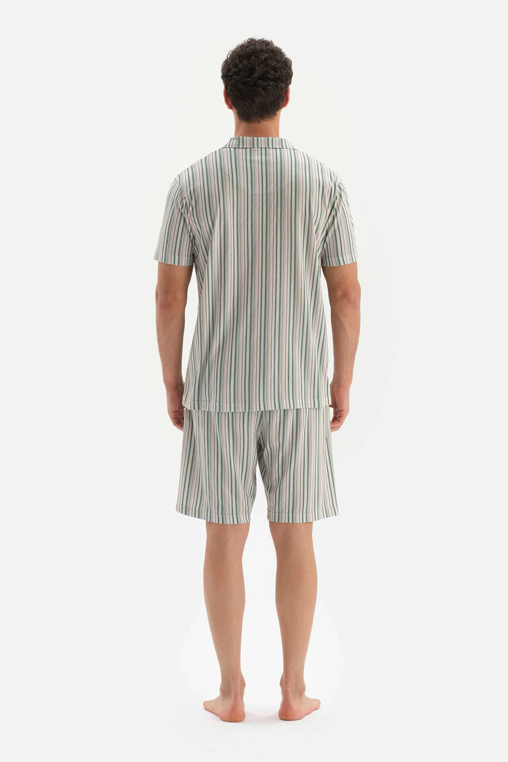 Bej Gömlek Yaka Çizgili Örme Şort Pijama Takımı