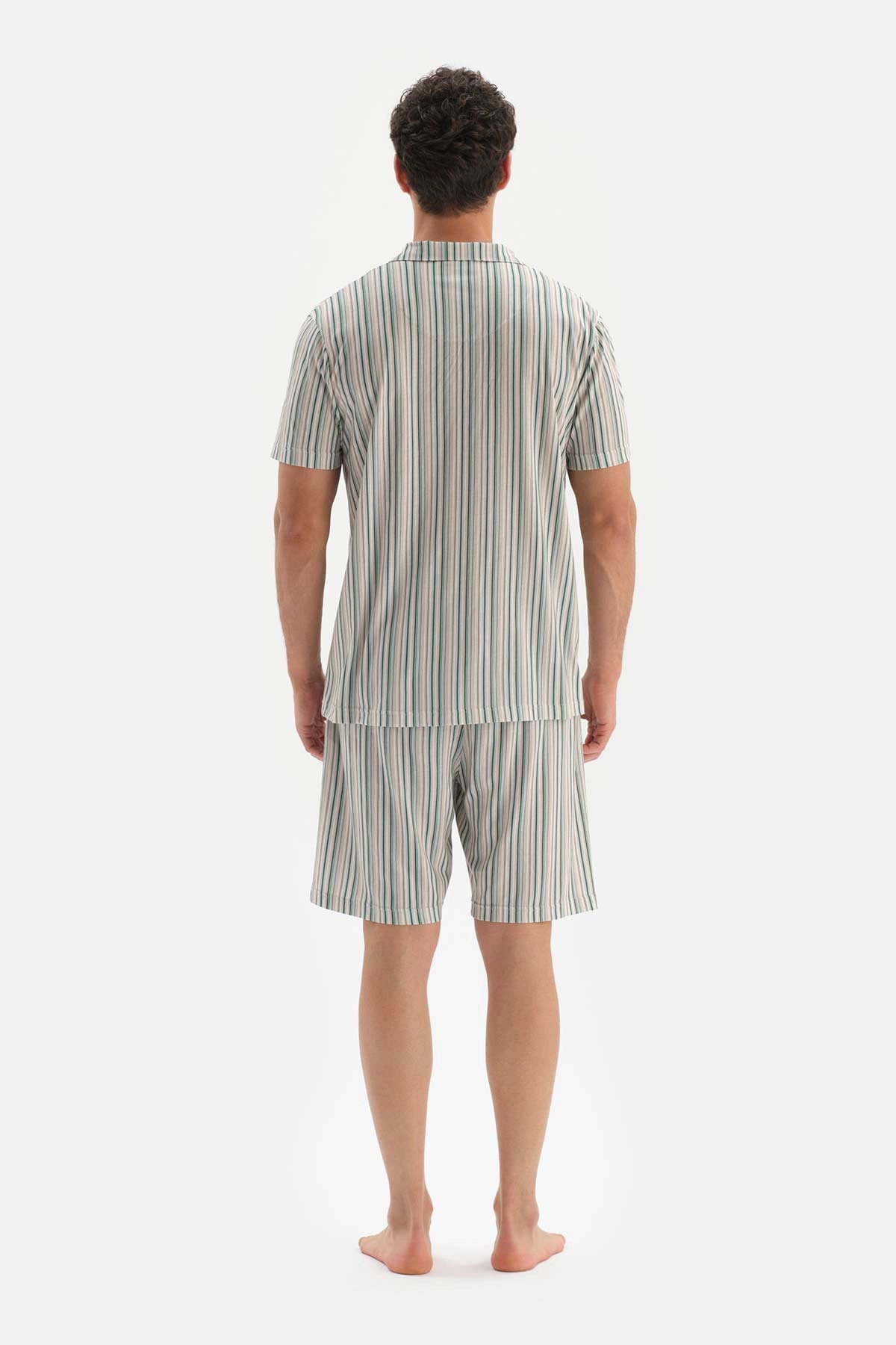 Bej Gömlek Yaka Çizgili Örme Şort Pijama Takımı