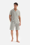Bej Gömlek Yaka Çizgili Örme Şort Pijama Takımı