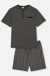 Antrasit Yarım Patlı Çizgili Alt Örme Şortlu Pijama Takımı