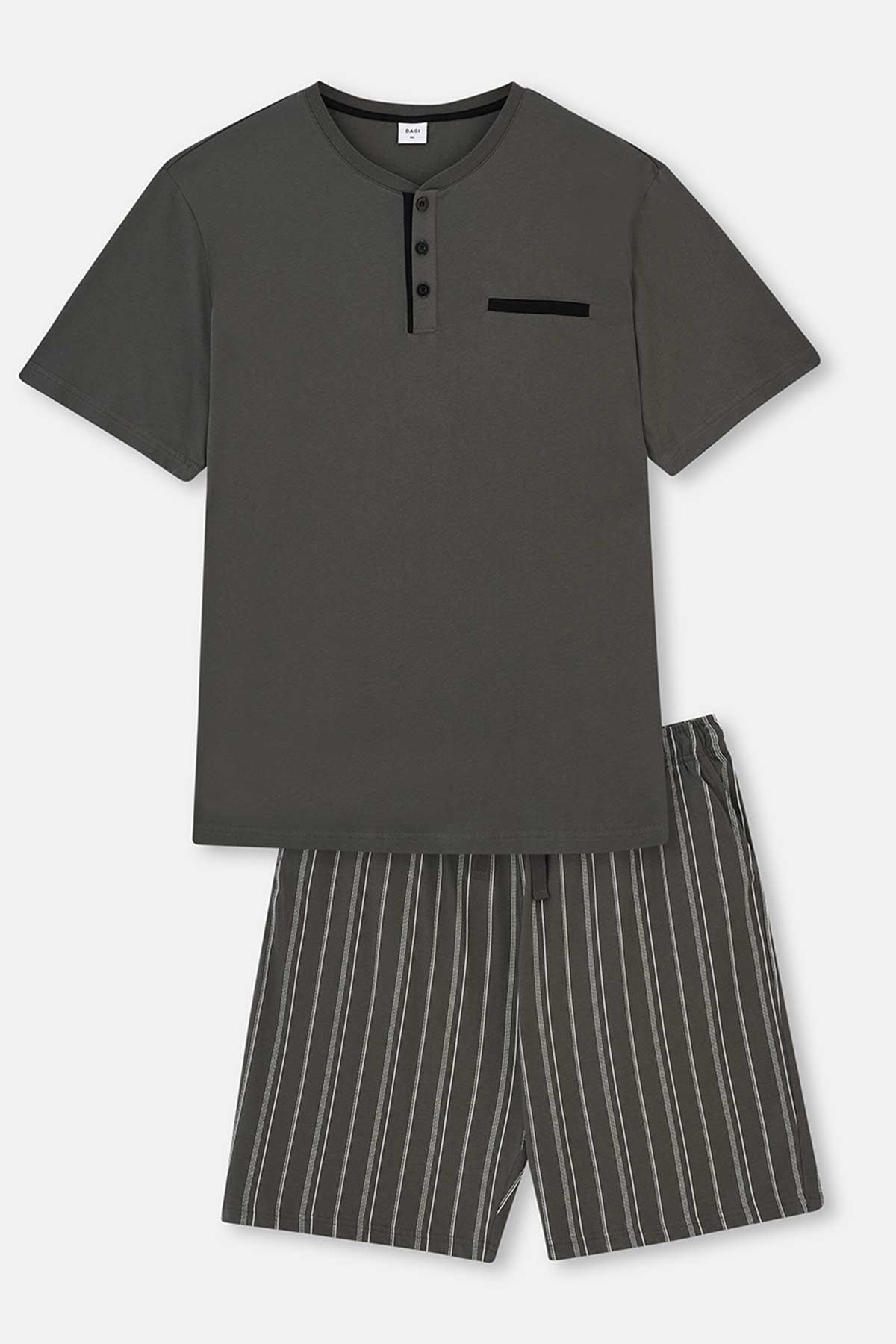 Antrasit Yarım Patlı Çizgili Alt Örme Şortlu Pijama Takımı