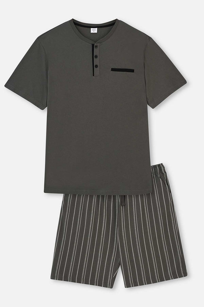 Antrasit Yarım Patlı Çizgili Alt Örme Şortlu Pijama Takımı