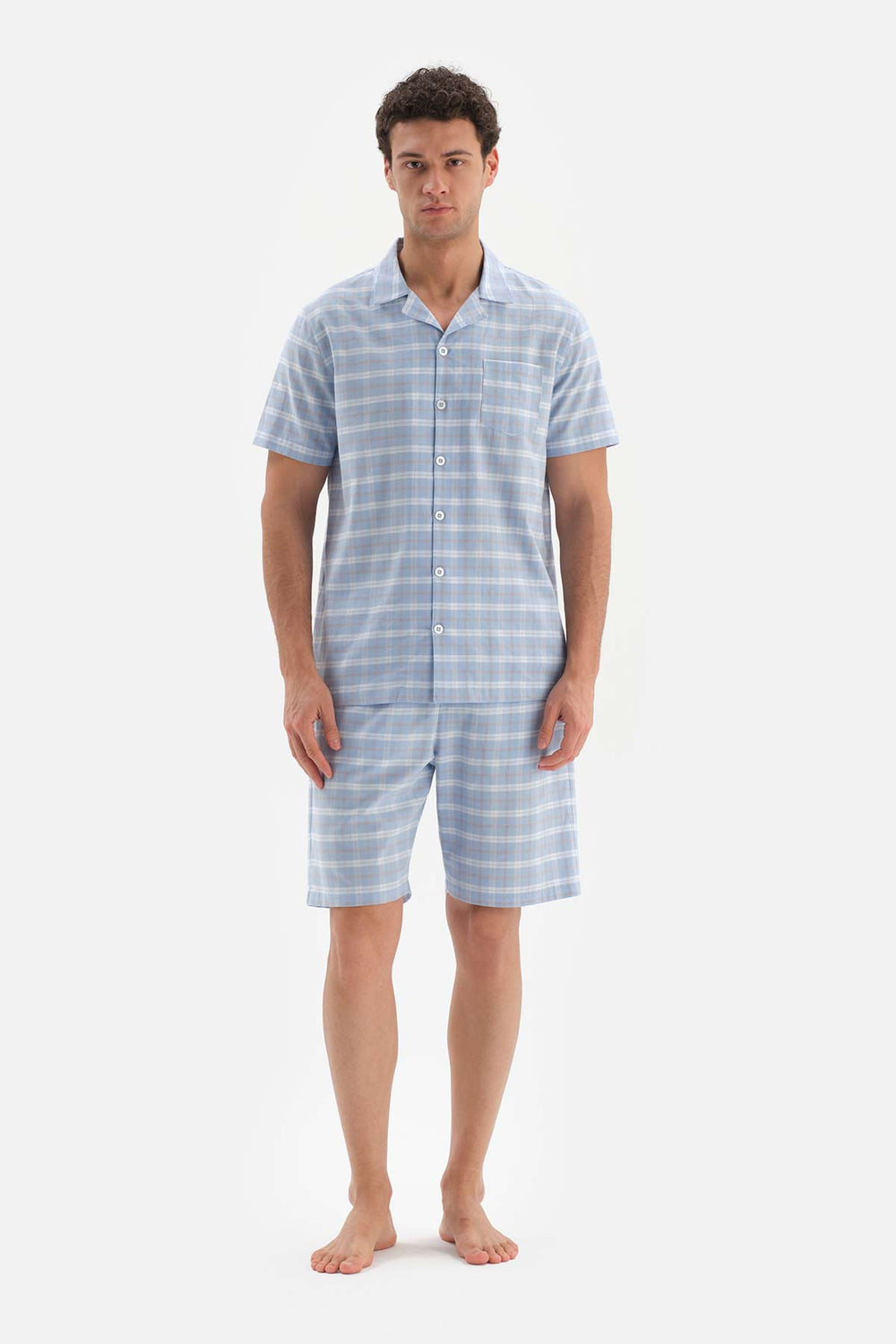 Açıkmavi Gömlek Yaka Ekose Dokuma Şortlu Pijama Takımı