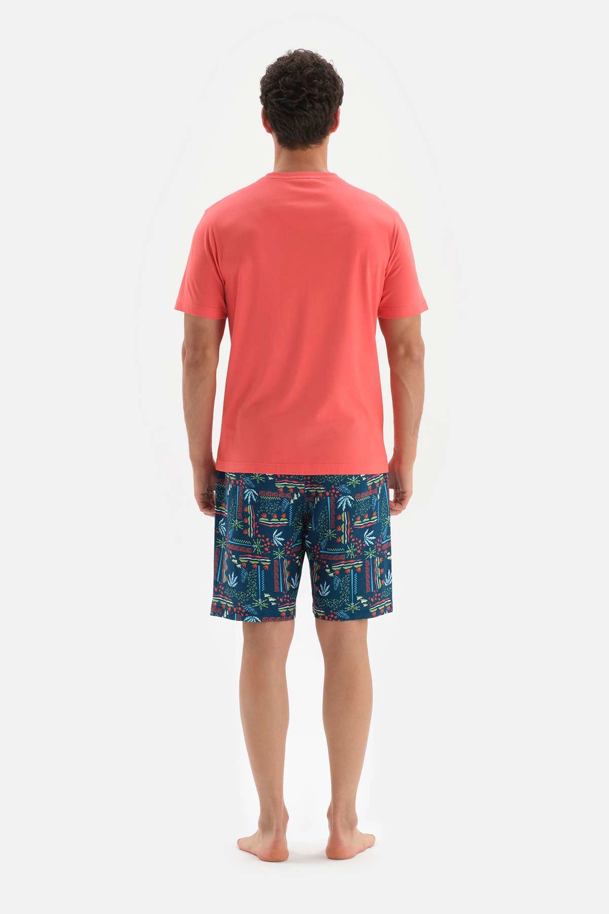 Kırmızı Bisiklet Yaka Baskılı Altı Dokuma Şortlu Pijama Takımı