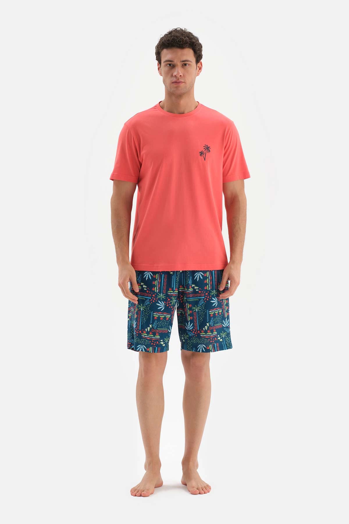 Kırmızı Bisiklet Yaka Baskılı Altı Dokuma Şortlu Pijama Takımı