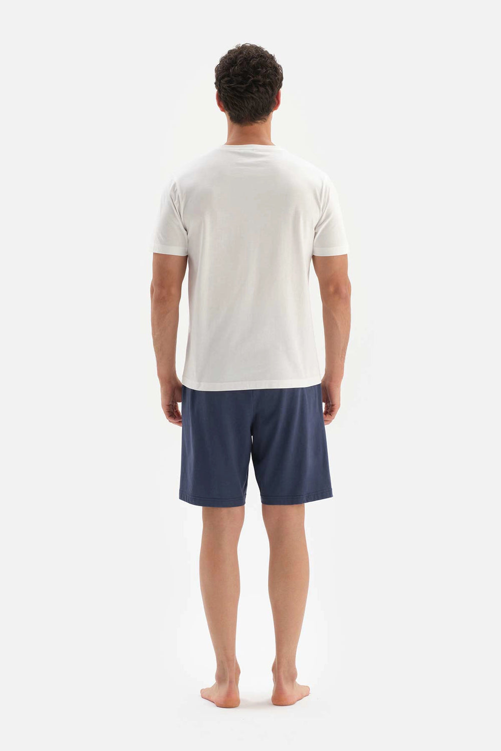 Ekru Bisiklet Yaka Baskılı Pamuklu Şortlu Pijama Takımı