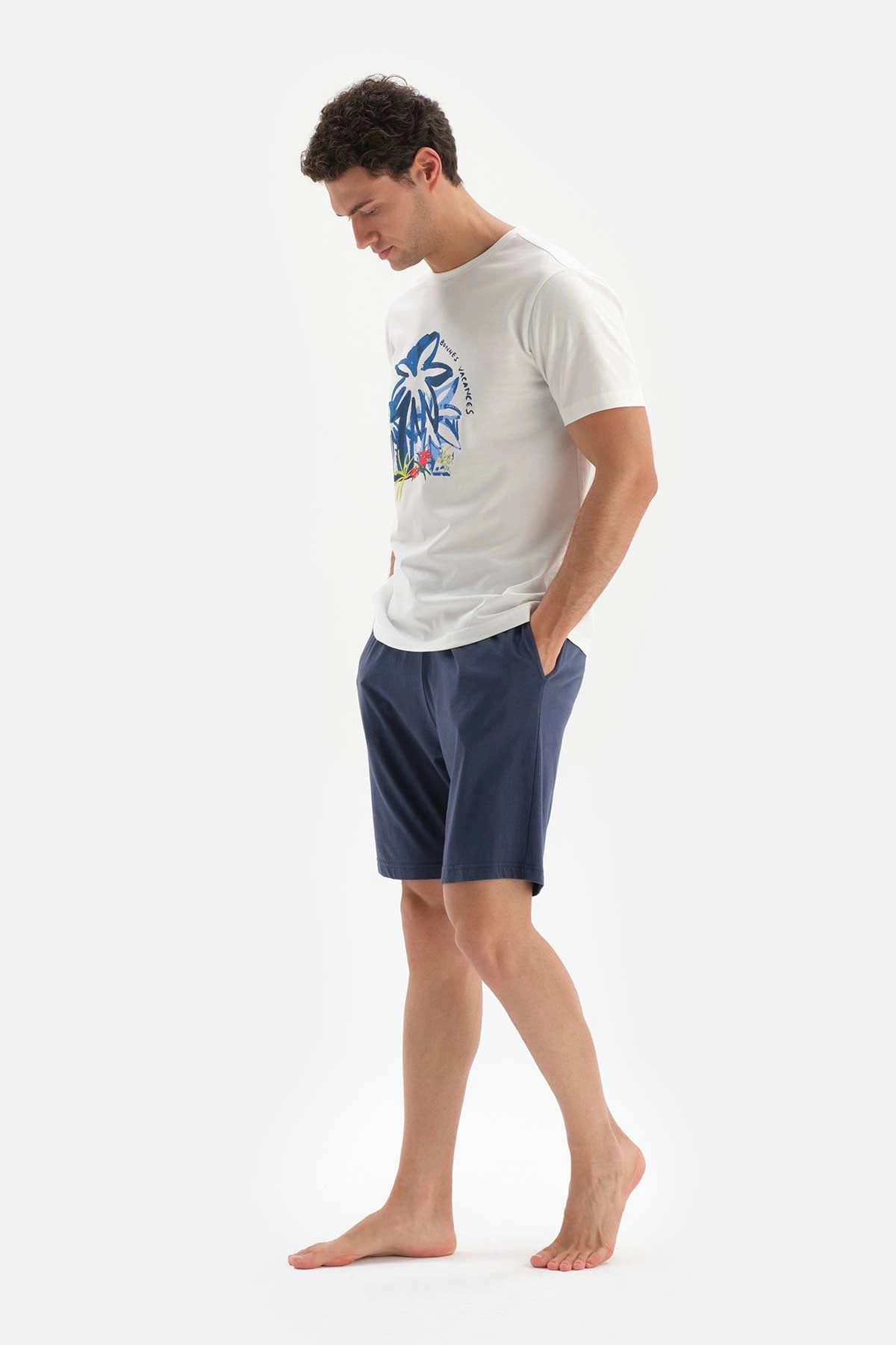 Ekru Bisiklet Yaka Baskılı Pamuklu Şortlu Pijama Takımı