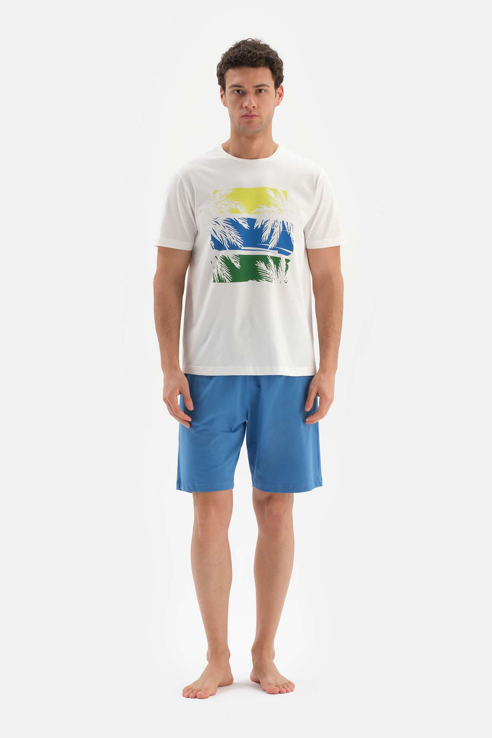 Ekru Bisiklet Yaka Baskılı Şortlu Pijama Takımı