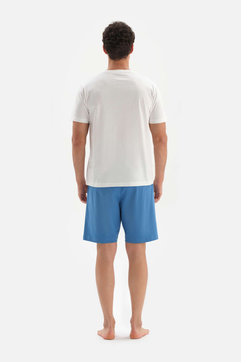 Ekru Bisiklet Yaka Baskılı Şortlu Pijama Takımı