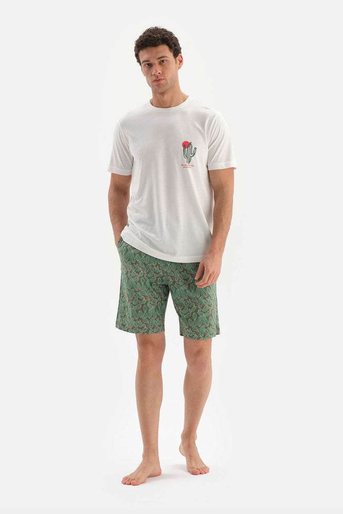 Ekru Bisiklet Yaka Baskılı Altı Şortlu Pijama Takımı