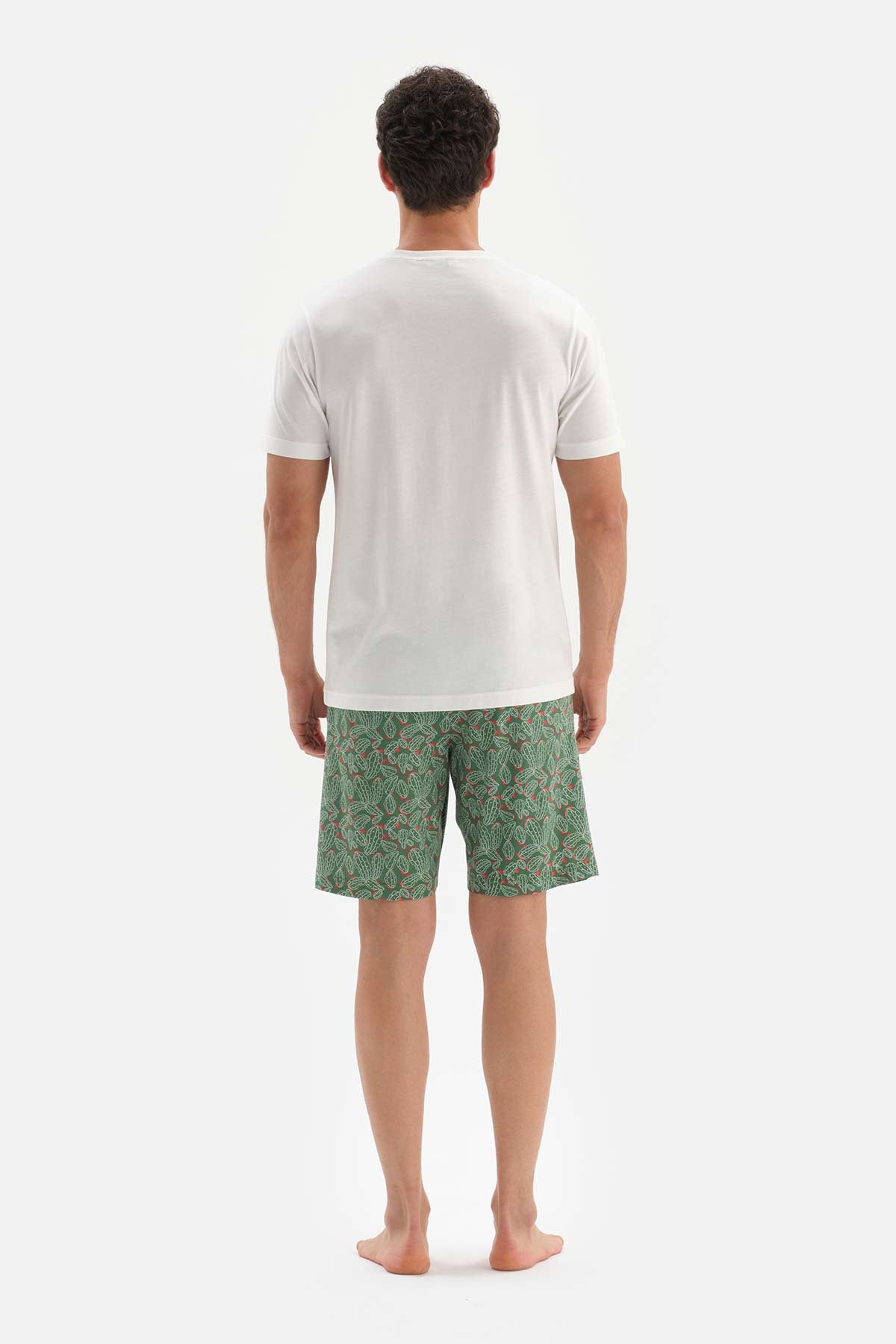 Ekru Bisiklet Yaka Baskılı Altı Şortlu Pijama Takımı