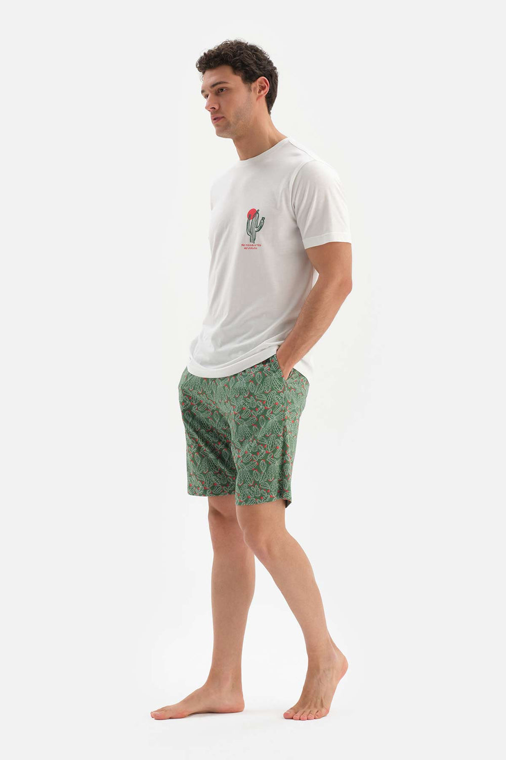 Ekru Bisiklet Yaka Baskılı Altı Şortlu Pijama Takımı